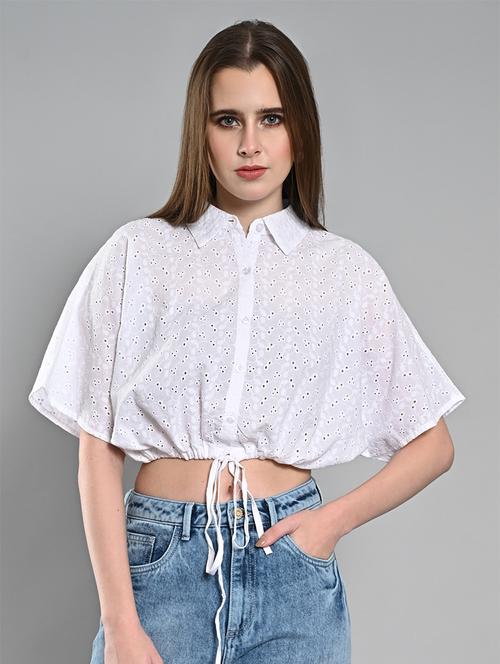 women solid collared crop schiffli shirt - 21840945 - Very Small Image - 1