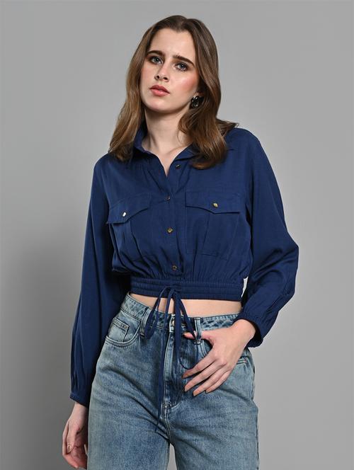 women solid long sleeves collared crop shirt - 21840947 - Very Small Image - 1