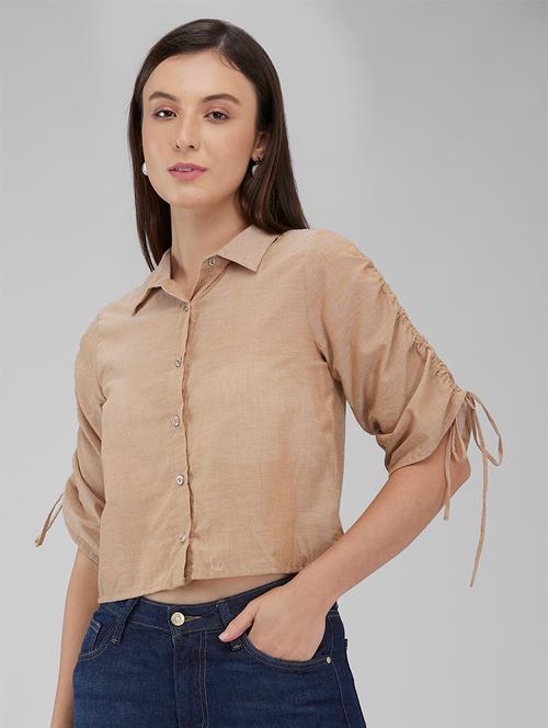 women solid collared ruched sleeves crop shirt - 21840951 - Very Small Image - 1
