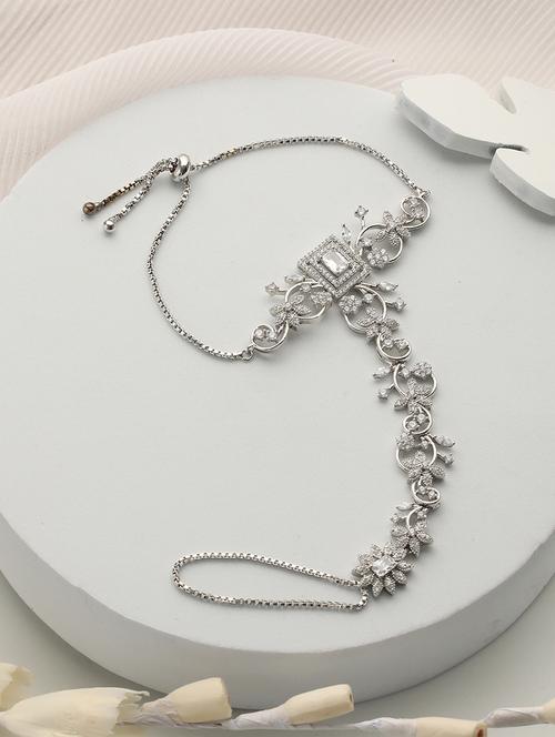 silver toned cz studded floral designer hathphool ring bracelet - 21841451 - Very Small Image - 1