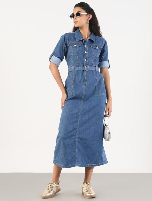 women solid collared denim shift dress - 21841490 - Very Small Image - 1