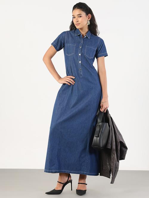 women solid collared denim a-line dress - 21841493 - Very Small Image - 1
