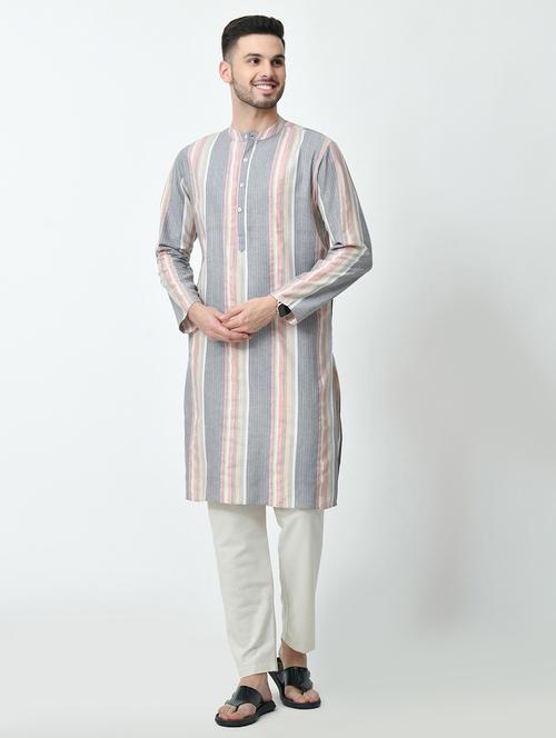 men striped mandarin neck long kurta - 21841534 - Very Small Image - 1