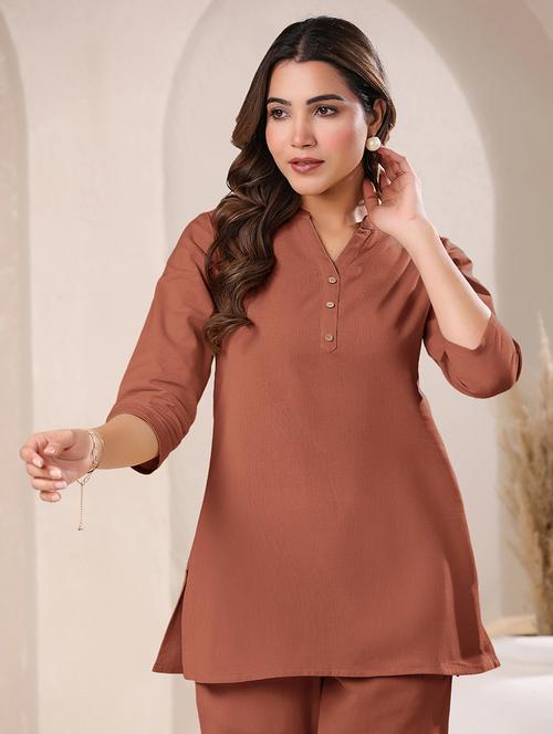 women rust three quarter sleeves straight kurti - 21842910 - Very Small Image - 1