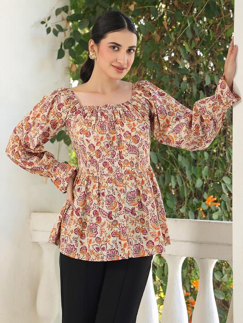 women printed puff sleeves peplum top - 21842914 - Very Small Image - 1