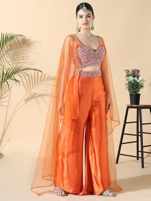women orange embroidered long sleeve fusion set - 21842969 - Very Small Image - 1