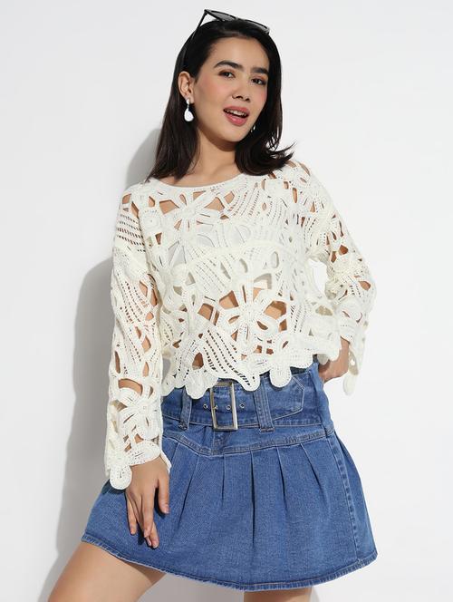 women long sleeves crochet crop top - 21842989 - Very Small Image - 1