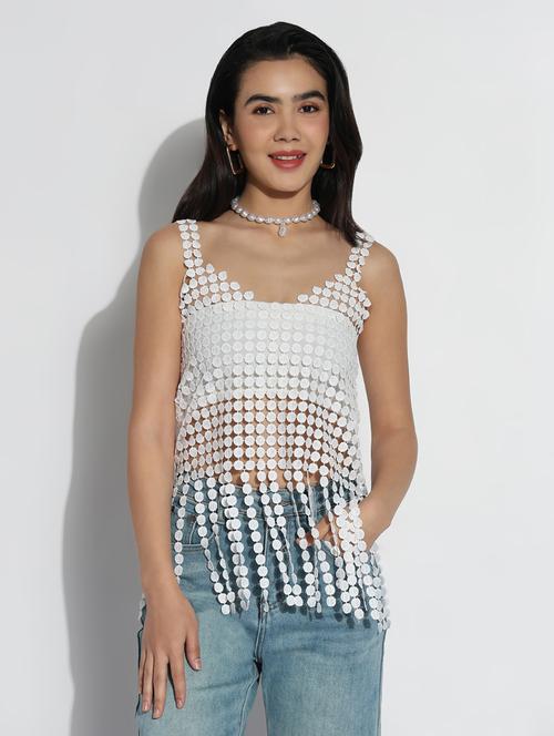 women solid shoulder strap sheer laec top - 21842998 - Very Small Image - 1
