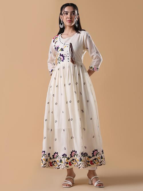 women cream three quarter sleeve flared kurta  - 21843144 - Very Small Image - 1