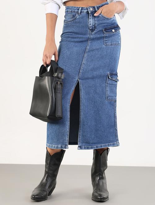 women solid high rise denim cargo skirt - 21843163 - Very Small Image - 1