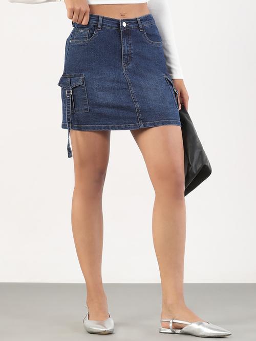 women solid mid rise denim cargo skirt - 21843165 - Very Small Image - 1