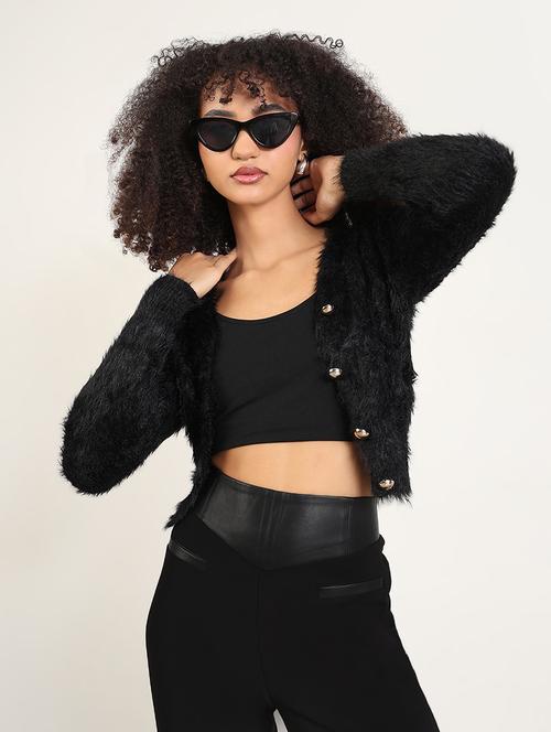 women solid long sleeves crop cardigan - 21843382 - Very Small Image - 1