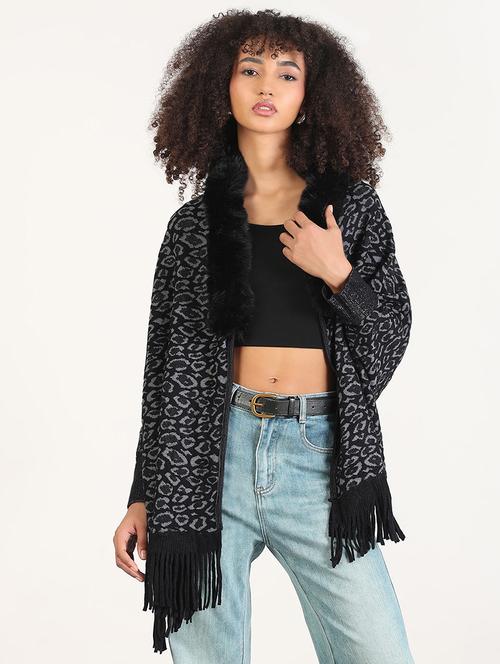 women animal print fringed hem shrug - 21843413 - Very Small Image - 1