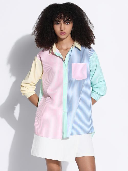 women color blocked collared oversized shirt - 21843484 - Very Small Image - 1