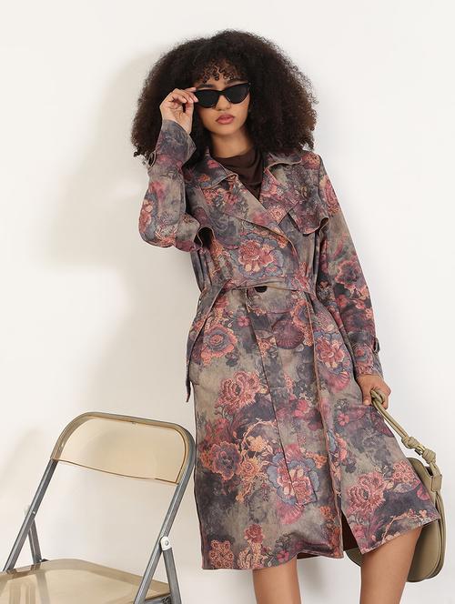 women floral print long sleeves trench coat - 21843490 - Very Small Image - 1