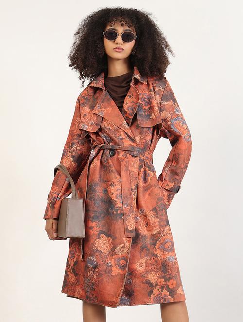 women floral print long sleeves trench coat - 21843491 - Very Small Image - 1
