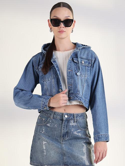 women long sleeves hooded denim jacket - 21843512 - Very Small Image - 1