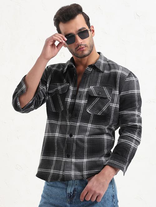 men grey checked long sleeve regular fit shacket - 21843585 - Very Small Image - 1