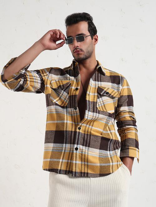 men yellow checked long sleeve regular fit shacket - 21843586 - Very Small Image - 1