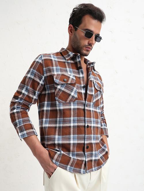 men brown checked long sleeve regular fit shacket - 21843590 - Very Small Image - 1