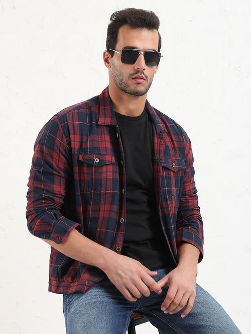men red checked long sleeve regular fit shacket - 21843604 - Very Small Image - 1