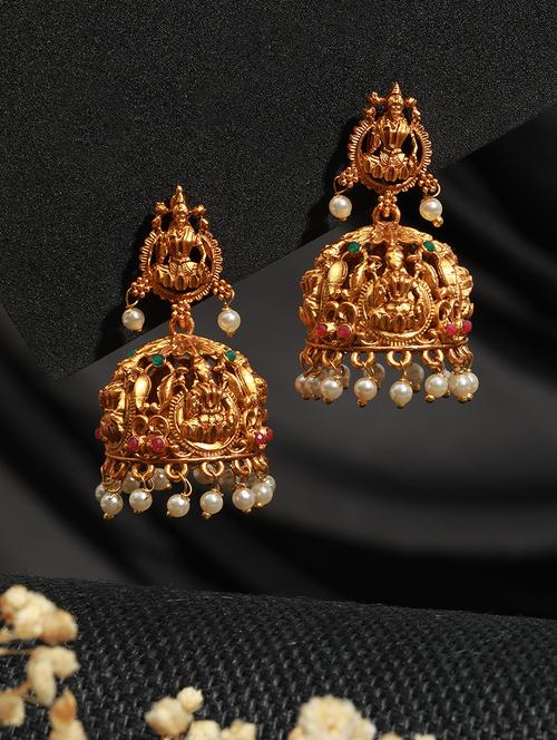 gold plated temple jhumkas earrings - 21843637 - Very Small Image - 1