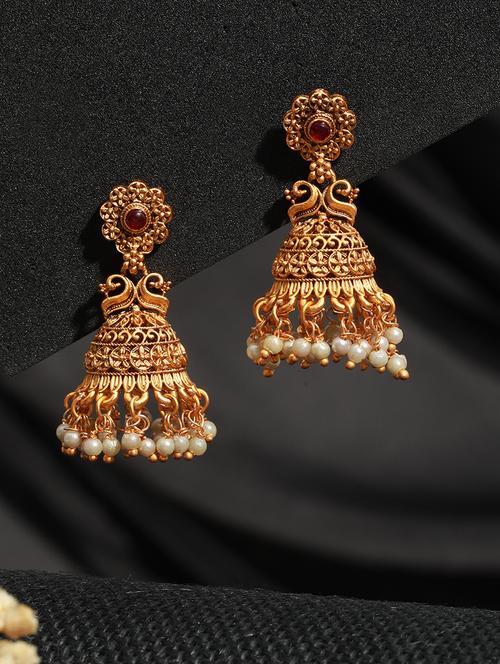gold plated temple jhumkas earrings - 21843638 - Very Small Image - 1
