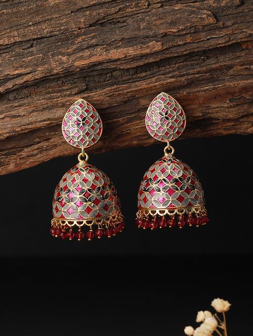women pink brass jhumka earring - 21843658 - Very Small Image - 1