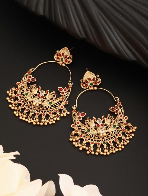 gold-plated green & pink peacock shaped chandbalis earrings - 21843715 - Very Small Image - 1