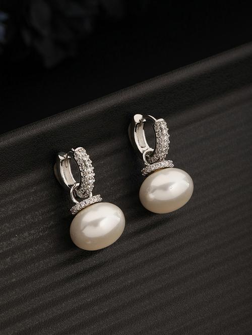 silver toned pearl drop minimal hoop earrings - 21843719 - Very Small Image - 1
