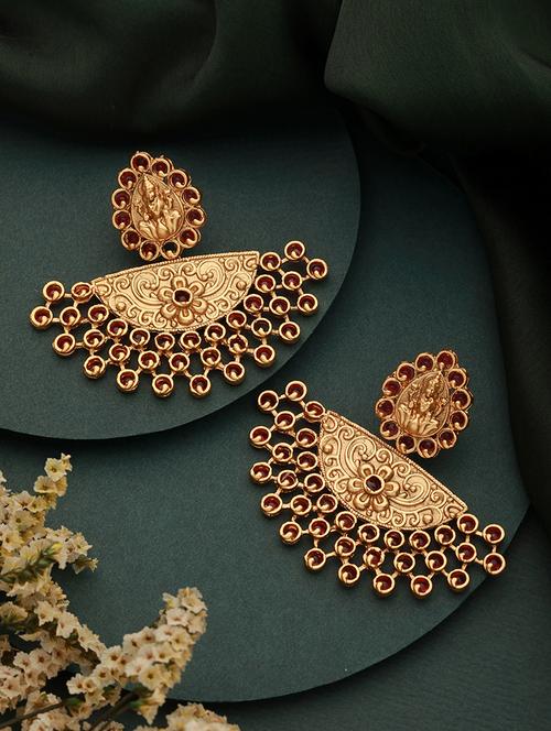 gold plated red stones temple lakshmiji chandbali earrings - 21843722 - Very Small Image - 1