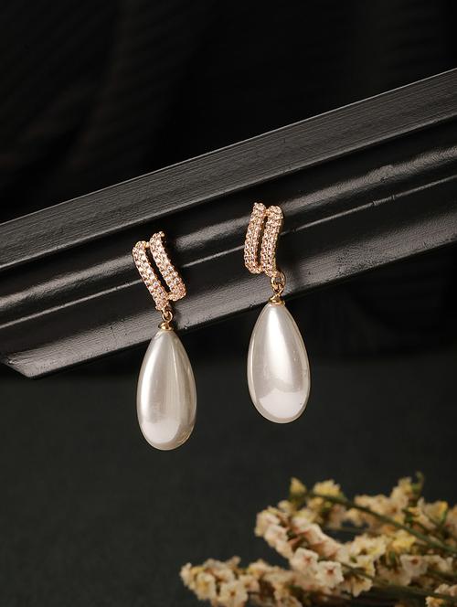 gold plated tear drop pearl studded luxe  minimal drop earrings - 21843723 - Very Small Image - 1