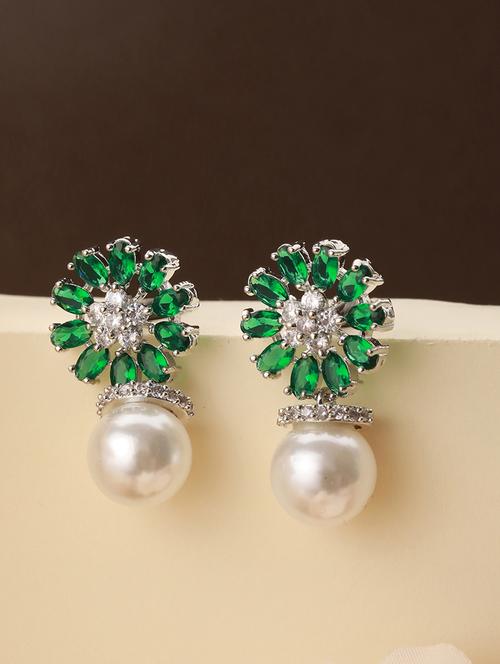 silver plated green  ad & pearl beaded floral earrings - 21843731 - Very Small Image - 1