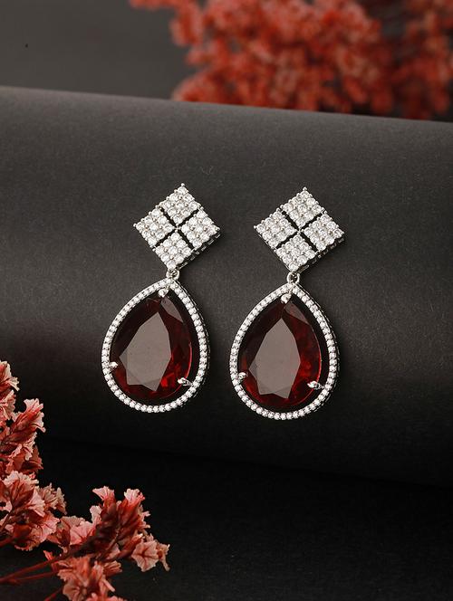 silver plated red ad studded geometric drop designer earrings - 21843749 - Very Small Image - 1