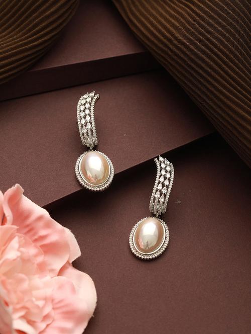 silver plated zircon studded pearl beaded designer dangler drop earrings - 21843773 - Very Small Image - 1