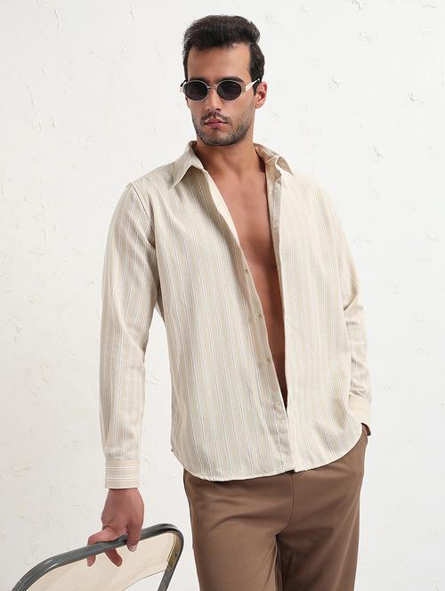 men cream stripes long sleeve regular fit casual shirt - 21843816 - Very Small Image - 1