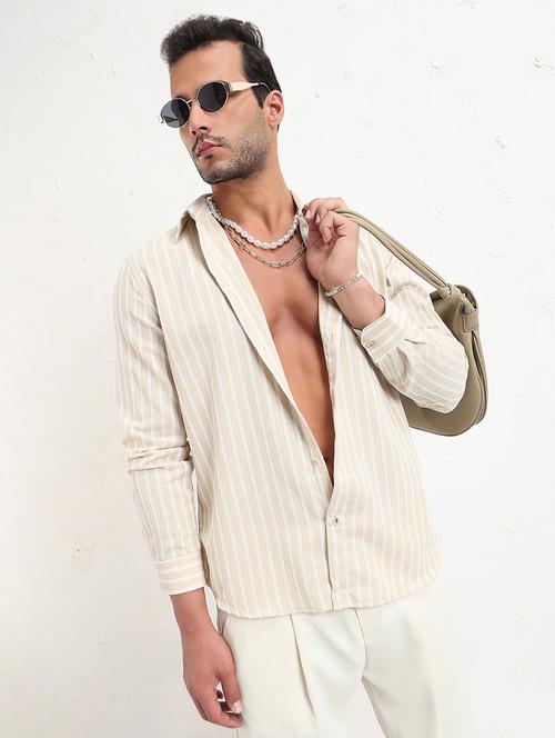men cream stripes long sleeve regular fit  casual shirt - 21843819 - Very Small Image - 1