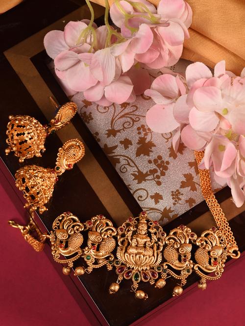 gold plated multi stone studded handcrafted exquisite lakshmi ji temple jewellery set - 21845005 - Very Small Image - 1