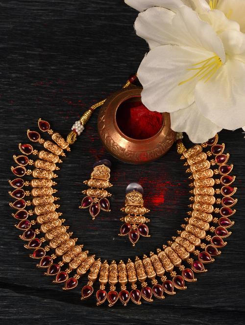 gold plated pink stone studded handcrafted leaf design temple jewellery set - 21845007 - Very Small Image - 1