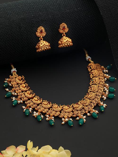 gold plated green stone studded peacock temple jewellery set - 21845011 - Very Small Image - 1