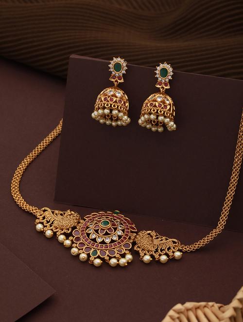 gold plated cz studded floral peacock  choker  jewellery set - 21845015 - Very Small Image - 1
