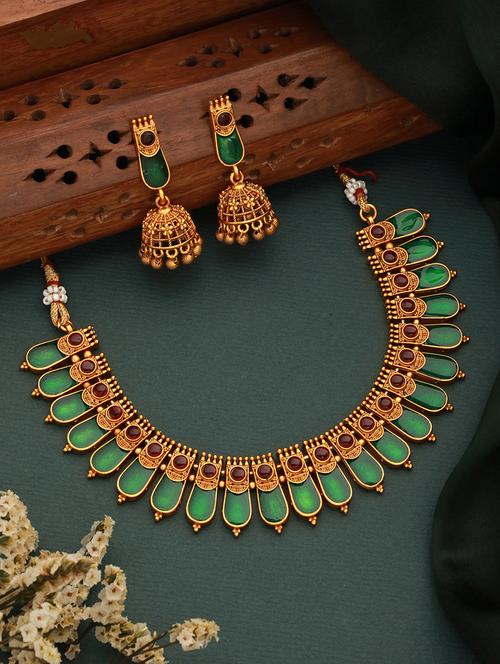 gold plated traditional green nagapadam necklace jewellery set - 21845029 - Very Small Image - 1
