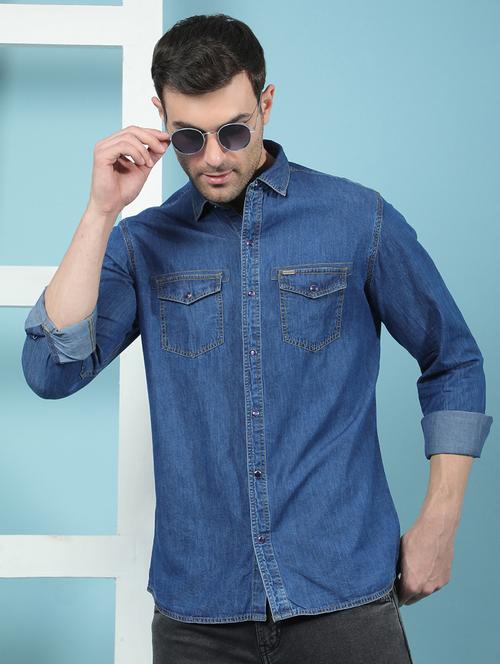 men blue solid long sleeve casual shirt - 21853817 - Very Small Image - 1