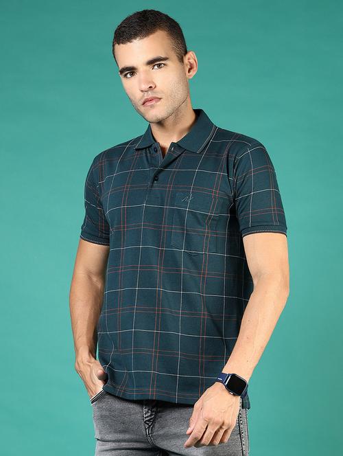 men teal checkered short sleeve regular fit polo t-shirt - 21853881 - Very Small Image - 1