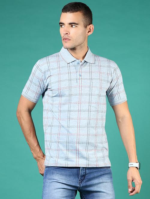 men light blue checkered short sleeve regular fit polo t-shirt - 21853885 - Very Small Image - 1