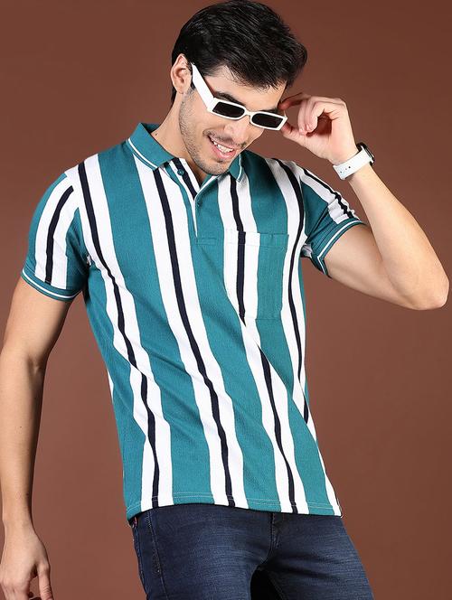 men teal striped short sleeve slim fit polo t-shirt - 21853892 - Very Small Image - 1