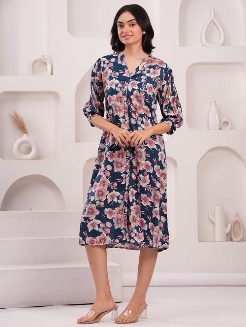 women floral print puff sleeves a-line dress - 21854049 - Very Small Image - 1