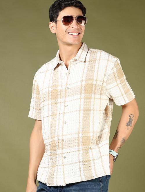 men beige checked short sleeve regular fit casual shirt - 21854225 - Very Small Image - 1