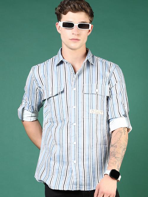 men blue stripes long sleeve regular fit casual shirt - 21854236 - Very Small Image - 1
