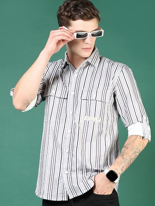 men grey stripes long sleeve regular fit casual shirt - 21854237 - Very Small Image - 1